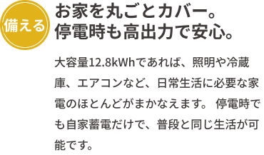 「備える」お家を丸ごとカバー。停電時も高出力で安心。大容量12.8kWhであれば、照明や冷蔵庫、エアコンなど、日常生活に必要な家電のほとんどがまかなえます。停電時でも自家蓄電だけで、普段と同じ生活が可能です。